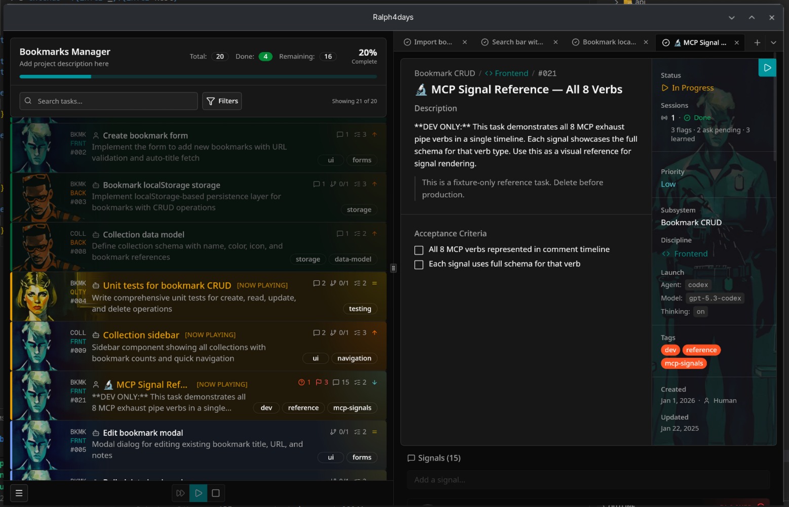 Ralph4days UI showing disciplines, tasks, and a workspace tab