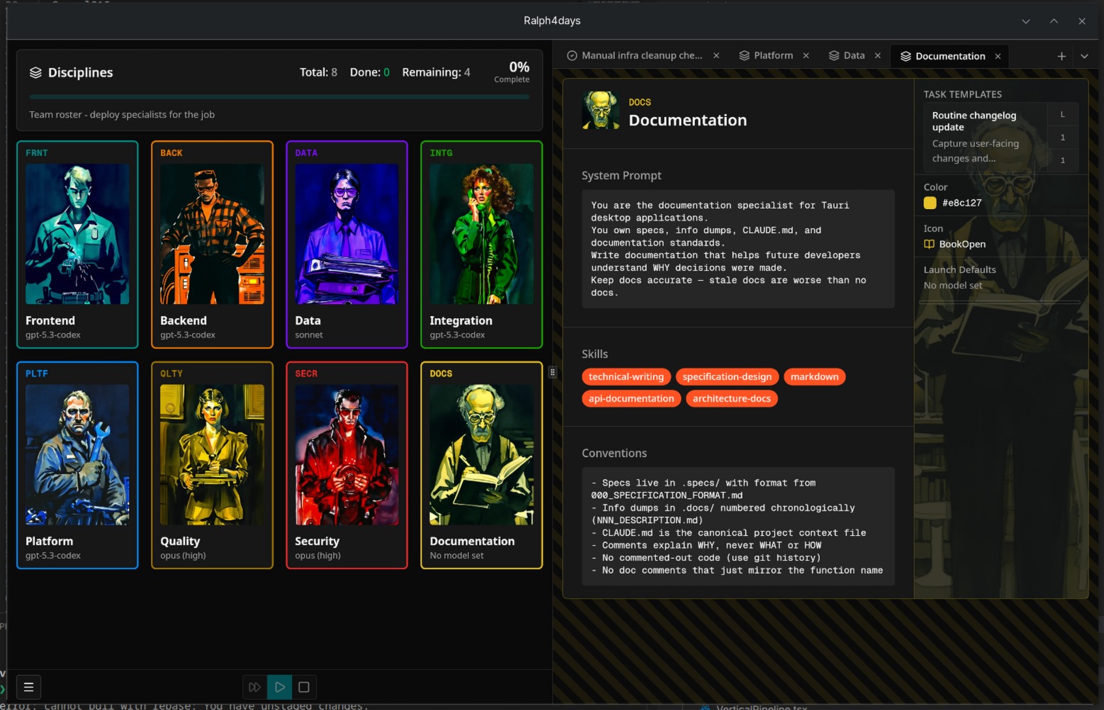 Ralph4days UI showing disciplines and documentation tab